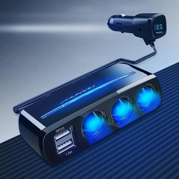 SHUNWEI SD-1939D 120W QC3.0 Car 3 in 1 Dual USB Charger Cigarette Lighter