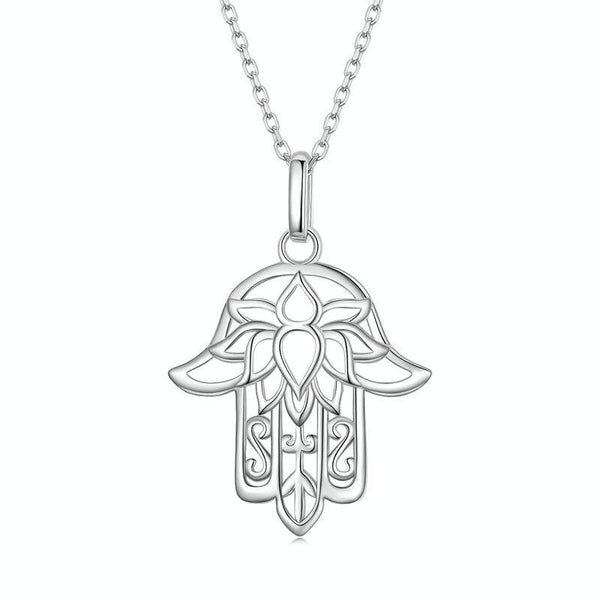 SCN490 Sterling Silver S925 Hand of Fatima Hollow Lotus Plated Platinum Necklace