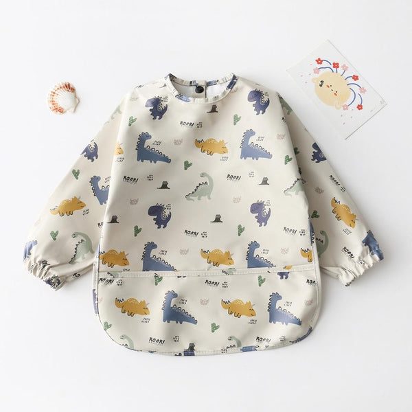 Long Sleeved Baby Bib Waterproof Washable Easy Clean Smock With Pocket, Size: S(Dinosaurs)