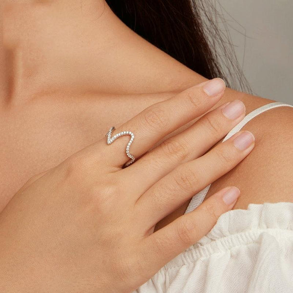 BSR314 Sterling Silver S925 Simple Geometric Wavy White Gold Plated Zircon Ring(No.8)