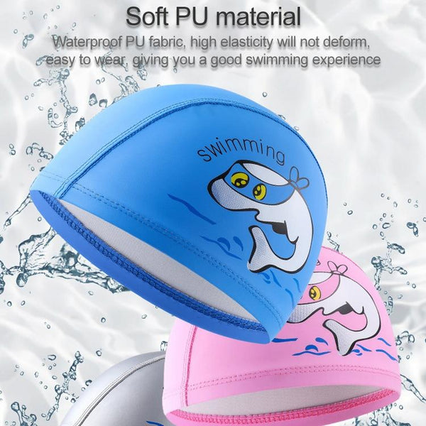 Children Swimming Cap PU Printed Cute Dolphin Pattern Elastic Swimming Cap(Pink)