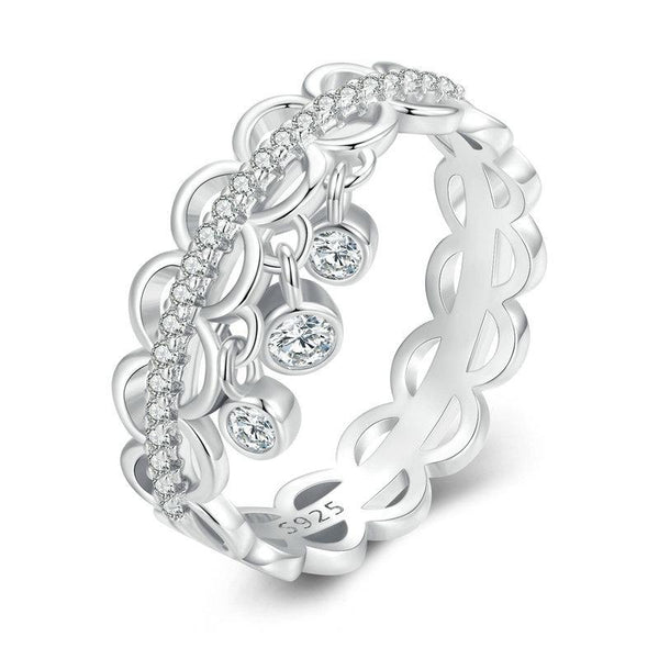 BSR367 Sterling Silver S925 Lace Tassel Platinum Plated Zircon Hollow Ring(No.7)