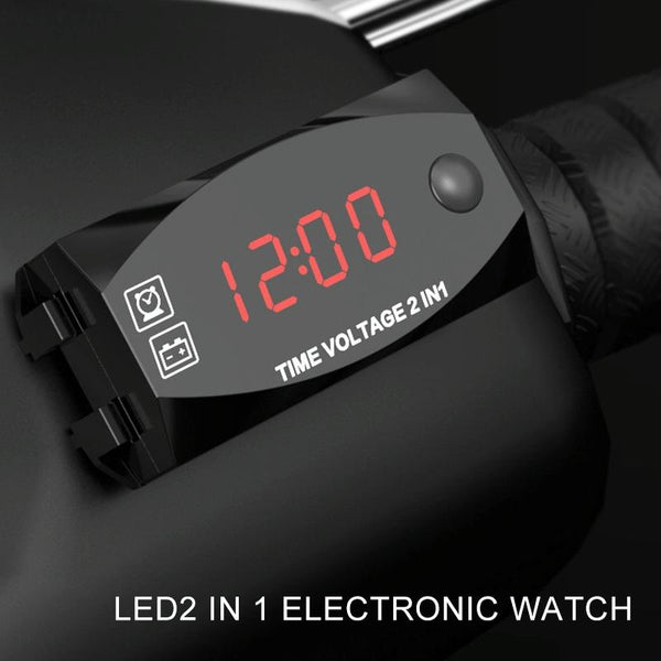 Motorcycle Multi-functional 2 in 1 Digital Display Voltmeter + Electronic Clock, 6-30V IP67 (Red Light)