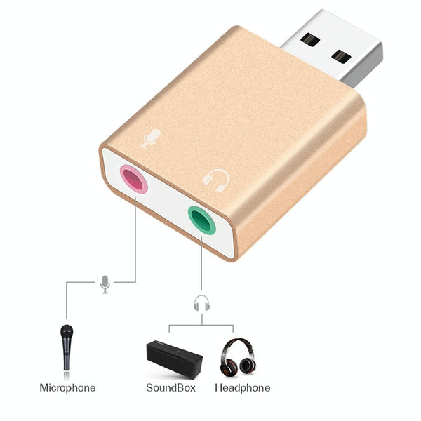 Aluminum Shell 3.5mm Jack External USB Sound Card HIFI Magic Voice 7.1 Channel Adapter Free Drive for Computer, Desktop, Speakers, Headset, Microphone(Gold)