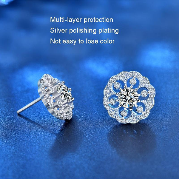 XEA005 925 Silver Flower Earrings Female Personality Flowers Round Earrings(White)