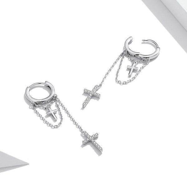 S925 Sterling Silver Long Tassel Shining Cross Women Earrings