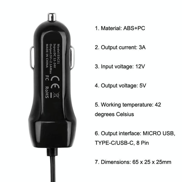 522AL Fast Charging With Cable Car Charging, Output Interface: 8 Pin (Black)