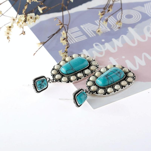 925 Antique Silver Plated Turquoise Earrings(Silver)
