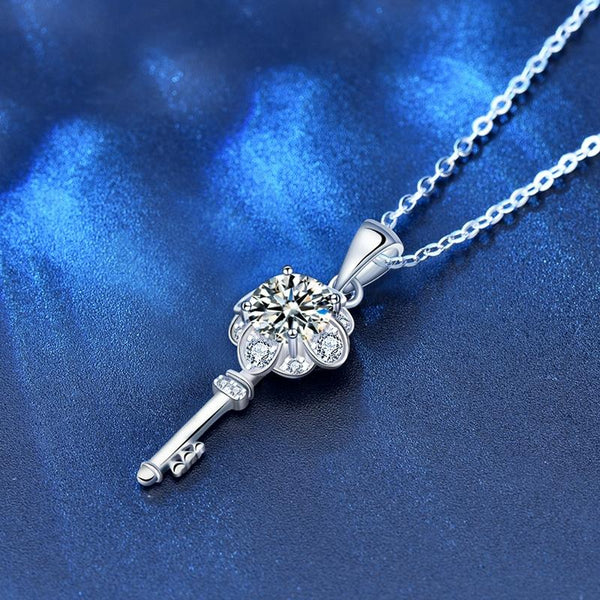 XMA003 Mosan Diamond 925 Silver Key Necklace, Chain Length: 60cm Sweater Chain