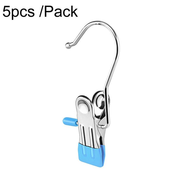 5pcs /Pack Stainless Steel Flat Clip With Hook Anti-Scratch Catch Laundry Drying Holder(Blue)