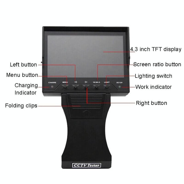 4.3" CCTV Tester Monitor - 12V Output, Network Cable Test, US Plug