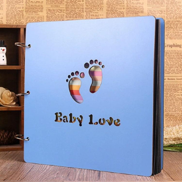 Wooden Cover Baby Growth Commemorative Album Creative Manual Paste Album Book(Little Blue Feet)