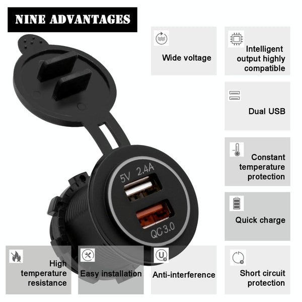 Universal Car QC3.0 Dual Port USB Charger Power Outlet Adapter 5V 2.4A IP66 with 60cm Cable(Red Light)