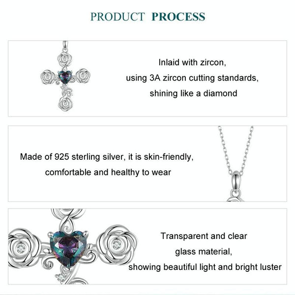 S925 Sterling Silver Platinum Plated Rose Cross Necklace For Women(BSN379)