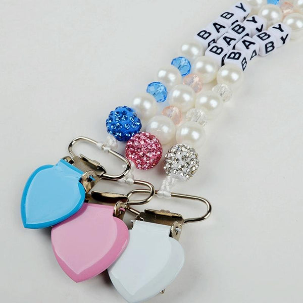 Infant Baby Pacifier Clip Chain Clay Crystal Anti-drop Heart Nipple Clip(White)