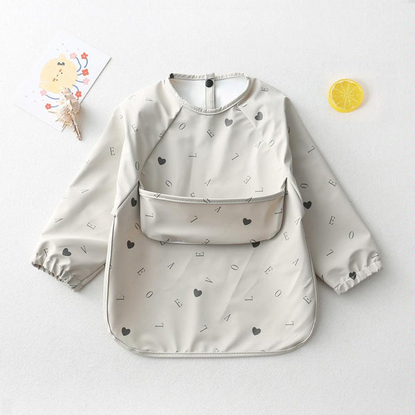 Long Sleeved Baby Soft PU Bib Waterproof Washable Easy Clean Smock With Pocket, Size: S(Gray Letters)