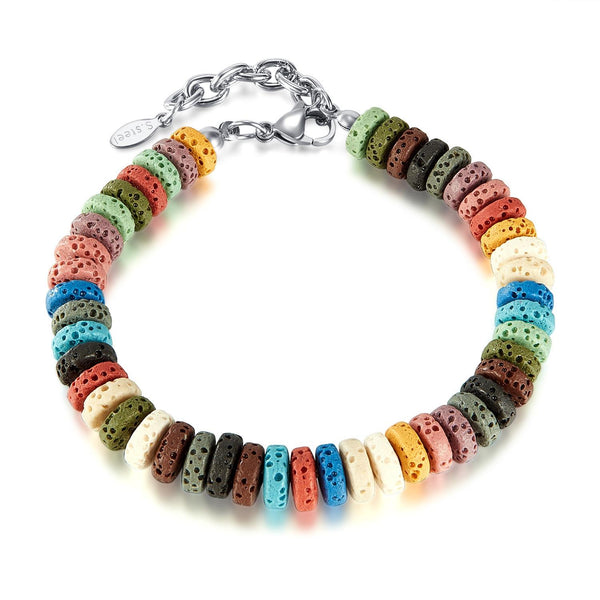 OPK GS1545 Stainless Steel Chain Colorful Volcanic Stone Bracelet