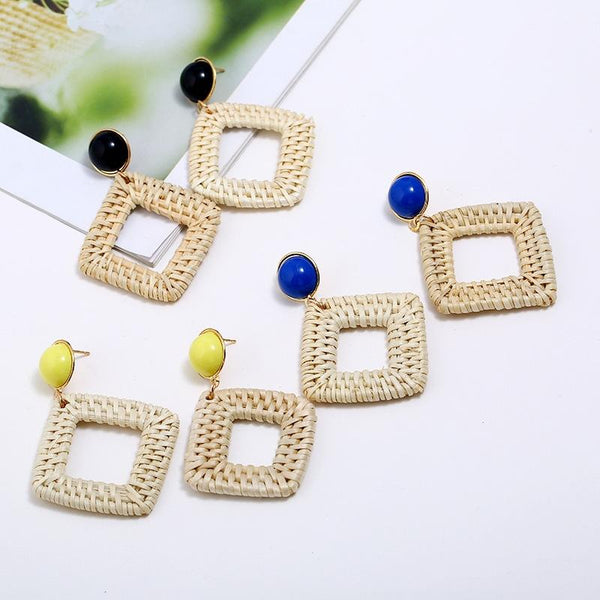 E2002-3 Yellow Frame Bamboo Vine Handmade Woven Earrings Bosomia Style Earrings