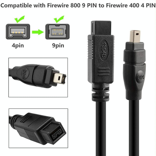 JUNSUNMAY FireWire High Speed Premium DV 800 9 Pin Male To FireWire 400 4 Pin Male IEEE 1394 Cable, Length:1.8m