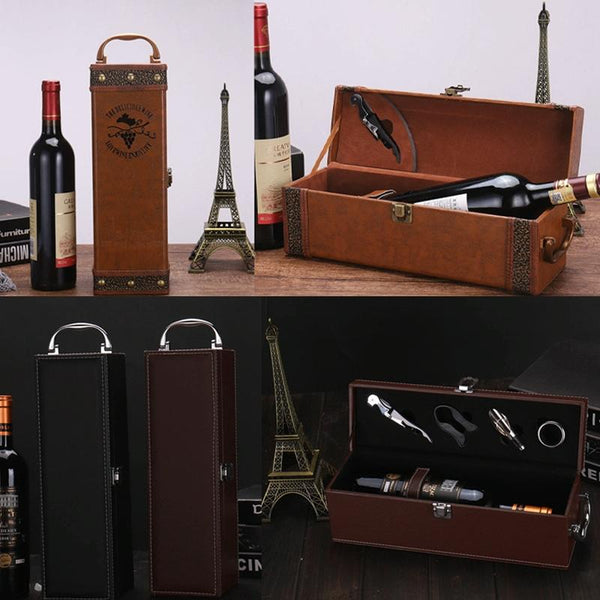 Single Red Wine Box Leather Wine Packaging Box Red With Wine Tools, Model: K22 Black