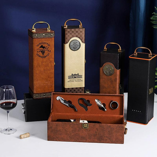 Single Red Wine Box Leather Wine Packaging Box Red With Wine Tools, Model: K16 Rivet