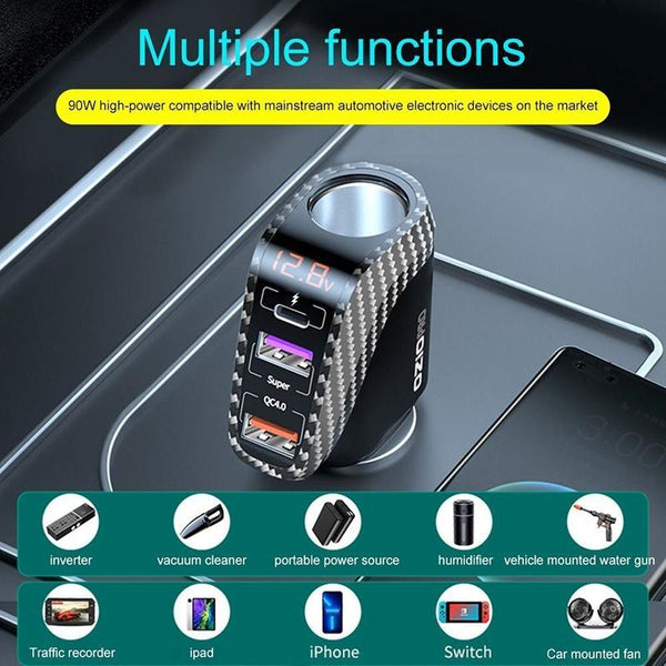 Ozio DY68TC 278W PD3.0 100W + Dual USB 66W+22.5W Carbon Fiber Pattern Car Charger