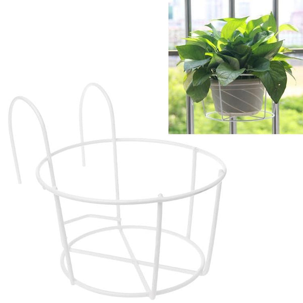 Balcony Fence Round Metal Flower Stand Wrought Iron Wall-mounted Flower Pot Stand, Size:S(White)