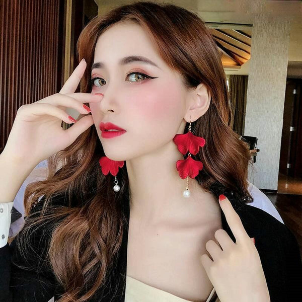 Long Exaggerated Fabric Art Handmade Petal Earrings, Color: E1910-3 2 Sides Maple Leaves
