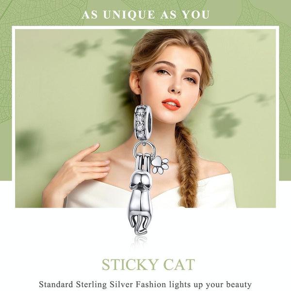 S925 Sterling Silver Sticky Cat DIY Bracelet Charm, Style:Pendant