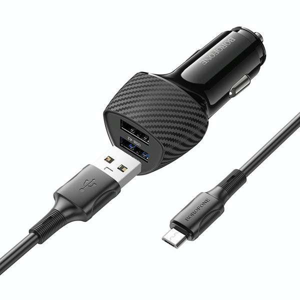 BOROFONE BZ31A Solid Dual-port USB Car Charger Set with USB to Micro USB Cable(Black)