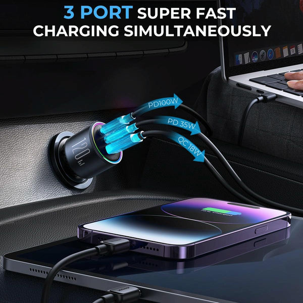 JOYROOM JR-CCN07 120W Dual PD+QC3.0 3-Port Car Charger(Dark Gray)