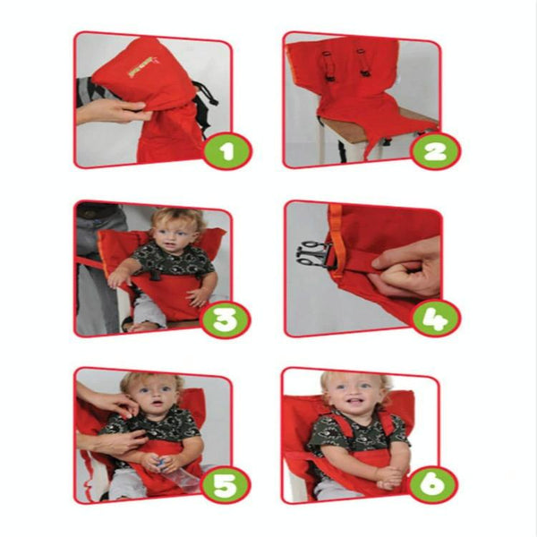 Baby Portable Seat Kids Chair Travel Foldable Washable Infant Dining Seat Cover Safety Belt(Red)