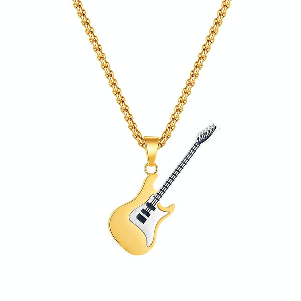 OPK 1989 Personality Stainless Steel Guitar Pendant Titanium Steel Necklace, Color: Gold Pendant+0.3x55cm Pearl Chain