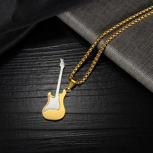 OPK 1989 Personality Stainless Steel Guitar Pendant Titanium Steel Necklace, Color: Gold Pendant+0.4x70cm Pearl Chain