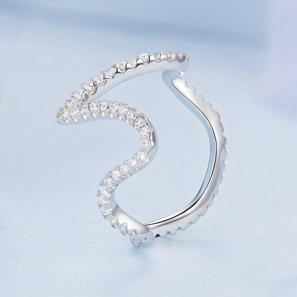 BSR314 Sterling Silver S925 Simple Geometric Wavy White Gold Plated Zircon Ring(No.6)