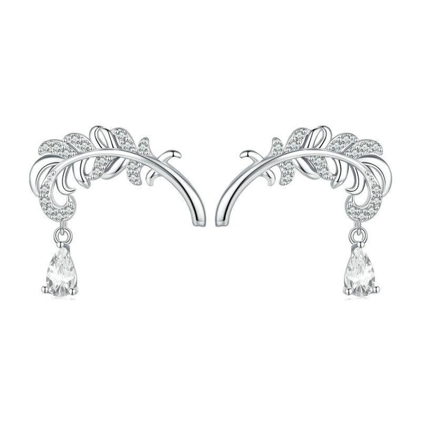 BSE747 Sterling Silver S925 White Gold Plated Feather Drop Zirconia Stud Earrings