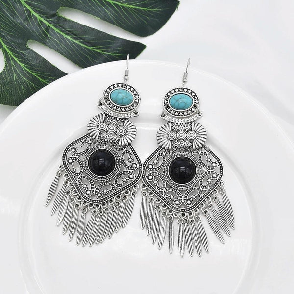 Vintage Tassel Earrings Exaggerated Turquoise Jewelry Earrings(Black)