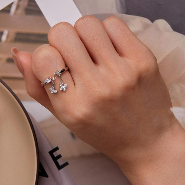 BSR349 Sterling Silver S925 Butterfly Chain Open Zircon Plated Gold Ring