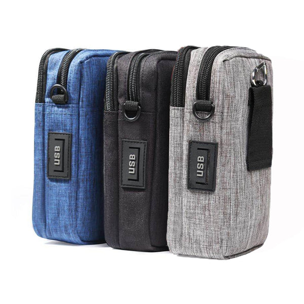For 6-7 inch Mobile Phone Universal Silver Wire Canvas Waist Bag with Shoulder Strap & Earphone Hole & USB Cable Hole(Black)