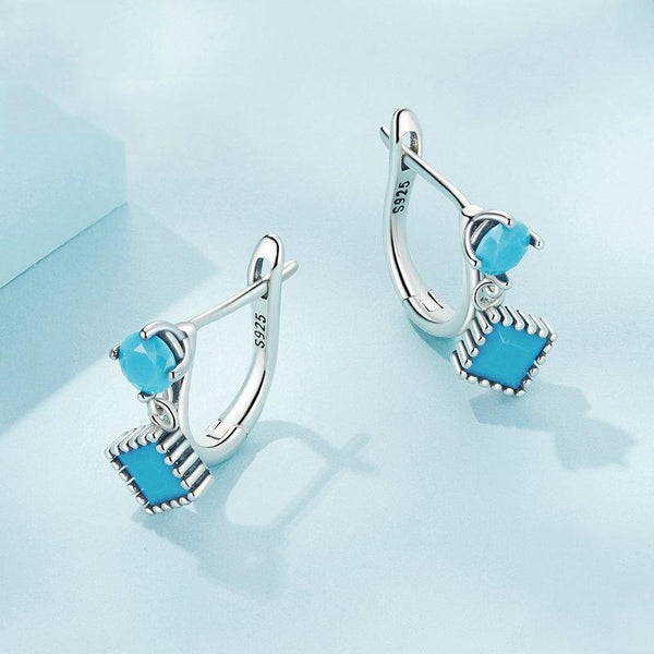 SCE1539 S925 Sterling Silver Prong Set Synthetic Turquoise Geometric Earrings