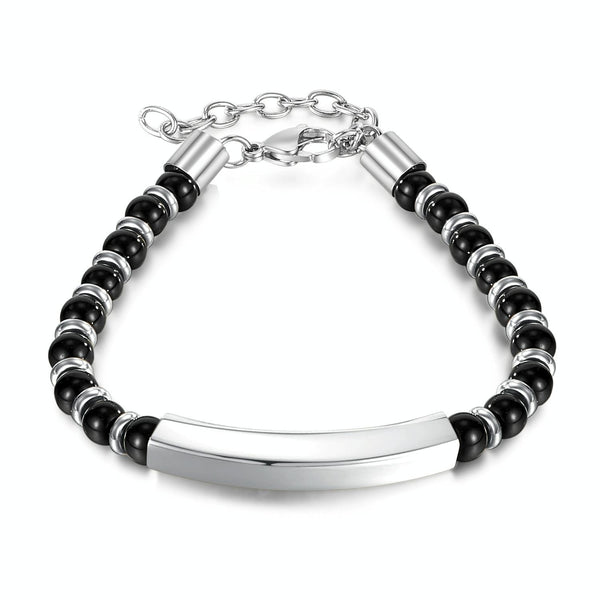 OPK GS1552 Stainless Steel Onyx Beaded Bracelet, Color: Steel Color