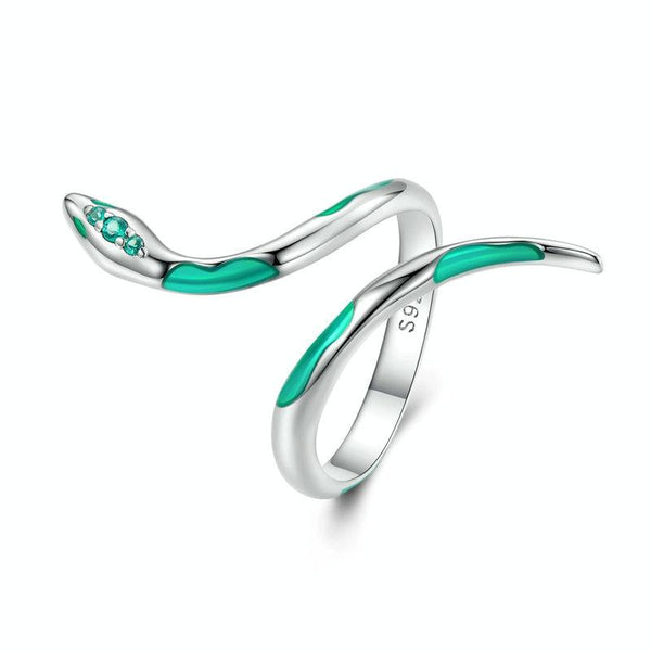 BSR328 Sterling Silver S925 White Gold Plated Oil Drop Zirconia Green Snake Ring(Open Adjustable)