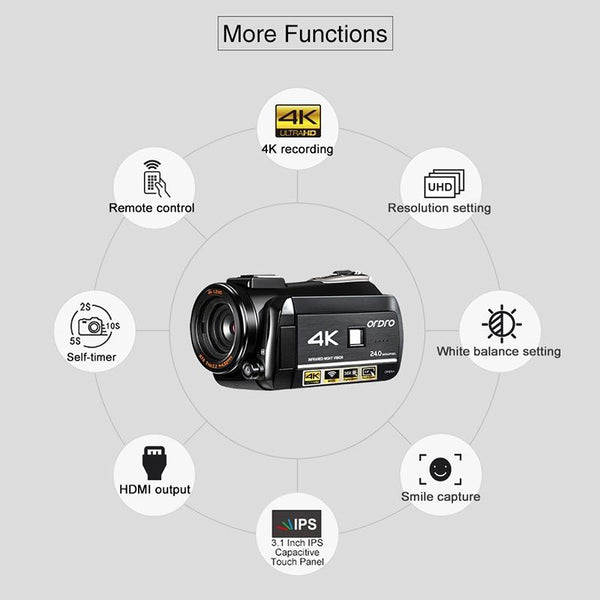ORDRO AC3 3.1 inch IPS Screen 4K Full HD 13MP Night Vision WiFi Live Camcorder DV Digital Camera, Style:Standard+ Microphone +Fill Light(Black)