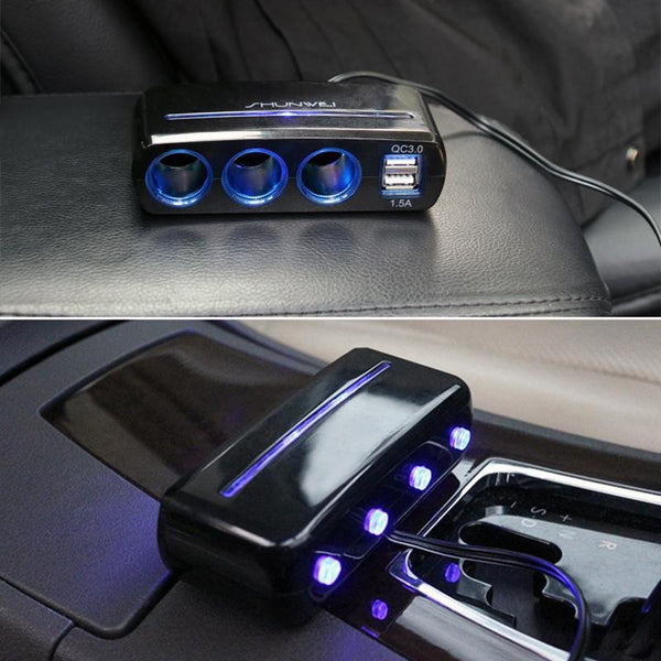 SHUNWEI SD-1939D 120W QC3.0 Car 3 in 1 Dual USB Charger Cigarette Lighter