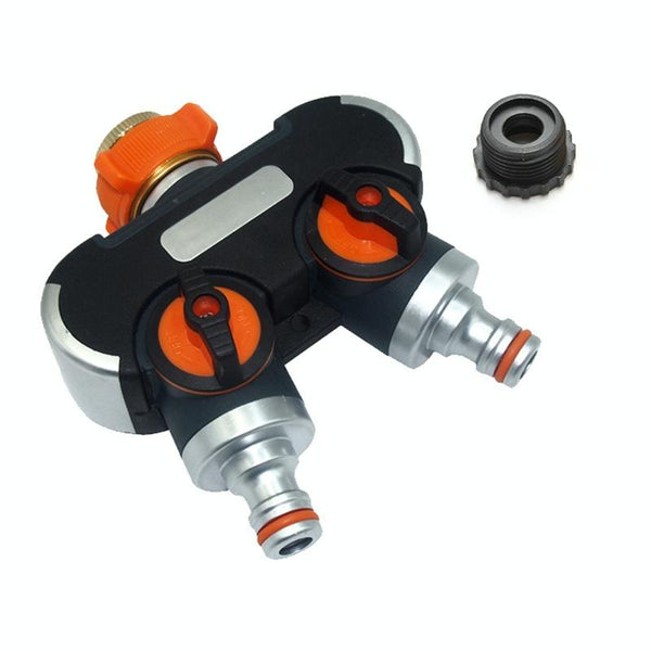 Garden Irrigation And Watering One Pass Two Faucet Water Divider With Plastic Adapter