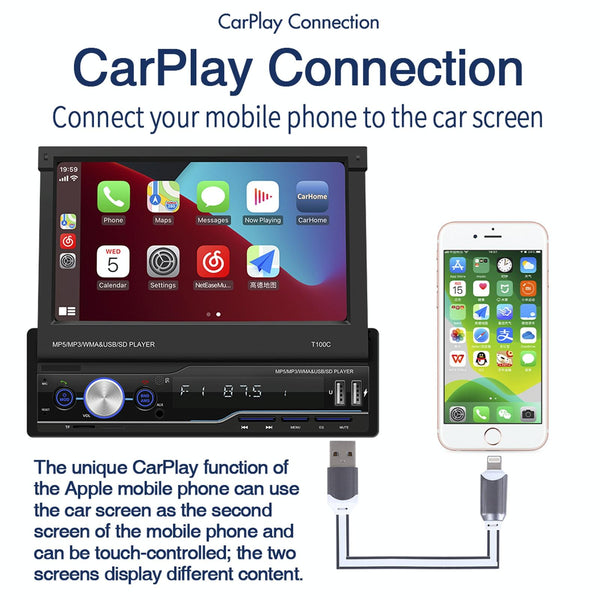T100C 7 inch Manually Retractable Screen Car MP5 Player Radio, Support Mirror Link & FM & TF Card & USB & Bluetooth Hand-free Calling & Reversing Trajectory System & CayPlay Connection