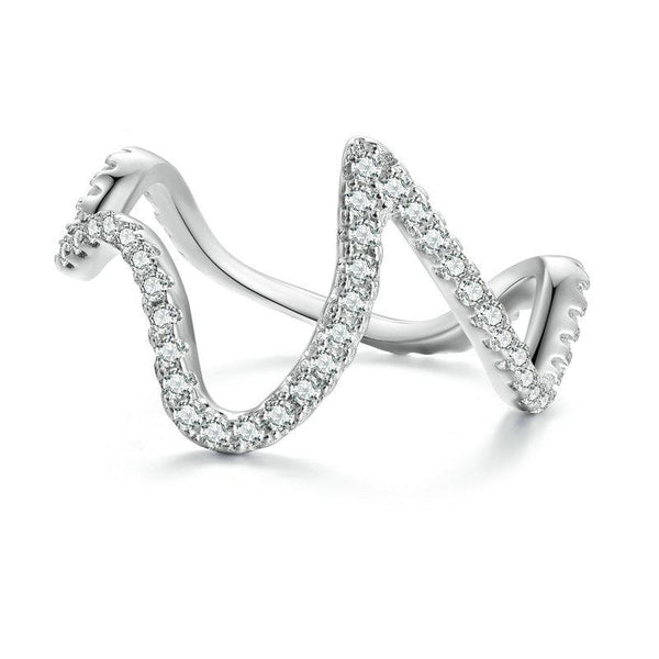 BSR314 Sterling Silver S925 Simple Geometric Wavy White Gold Plated Zircon Ring(No.7)
