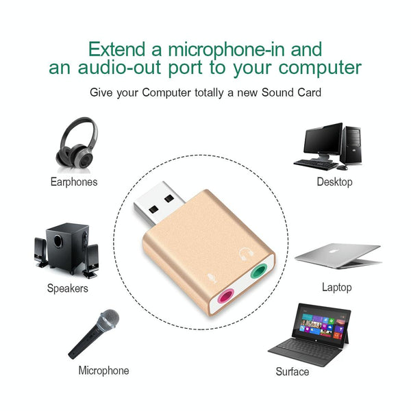 Aluminum Shell 3.5mm Jack External USB Sound Card HIFI Magic Voice 7.1 Channel Adapter Free Drive for Computer, Desktop, Speakers, Headset, Microphone(Gold)