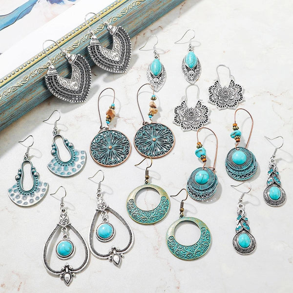 E2204-7 Turquoise Ethnic Style Earrings Temperament Simple Vintage Earrings