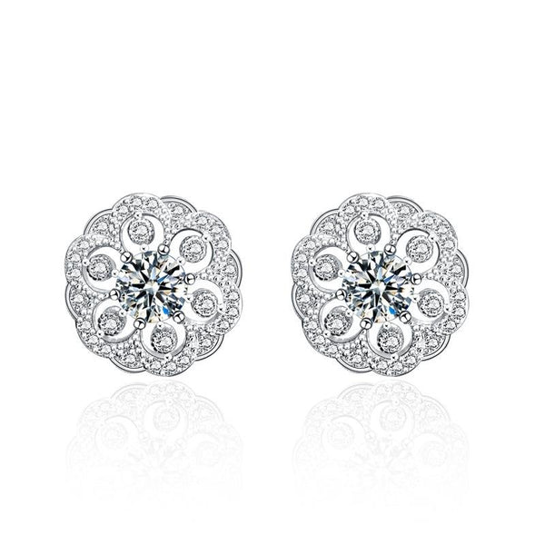 XEA005 925 Silver Flower Earrings Female Personality Flowers Round Earrings(White)